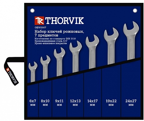 Набор рожковых ключей THORVIK OEWS007 6-27 мм, 7 предметов 52009 Набор рожковых ключей THORVIK OEWS007 6-27 мм, 7 предметов 52009