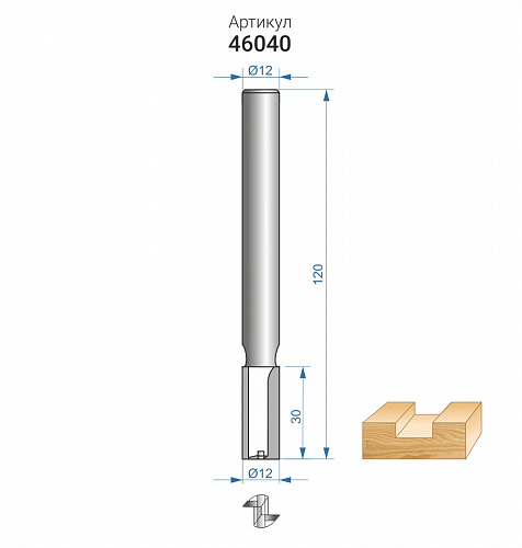 Фреза пазовая прямая ф12 x 30 мм хвостовик 12 мм Энкор 46040 Фреза пазовая прямая ф12 x 30 мм хвостовик 12 мм Энкор 46040